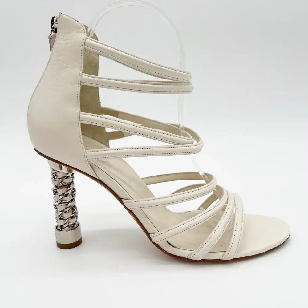 Chanel Ivory Leather Caged Coco Tower Chain Link Heel Ankle Zip Sandals EU 39